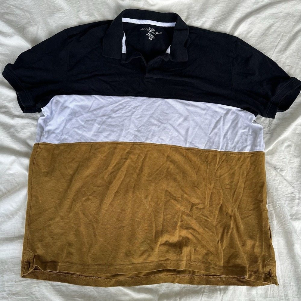 H&M Men's Polo Shirt Short Sleeve‎ Color Block Sz Large White Yellow Navy Collar